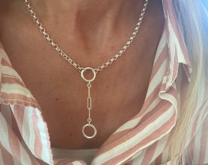 Silver Rolo Charm Clasp Lariat Necklace | removable paperclip extension drop | 4mm wide | 925 sterling silver