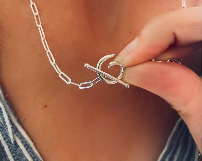 925s Toggle + Charm Clasp Paperclip Necklace | flat 3.5x9mm links | solid sterling silver
