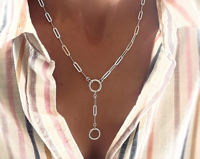 Paperclip Chain Charm Clasp Necklace | solid 925 sterling silver | Removable Extension