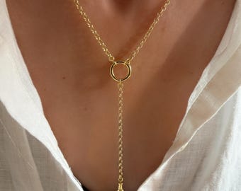 Gold Rolo Charm Collector Necklace | Double Clasp, removable extension | 14k gold heavy-plate