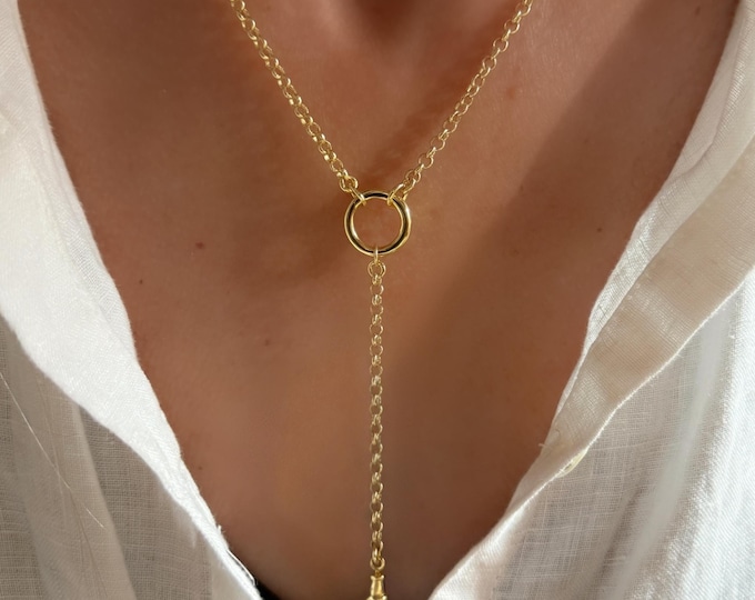 Gold Rolo Charm Collector Necklace | Double Clasp, removable extension | 14k gold heavy-plate