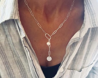 925s Lariat Pearl Paperclip Necklace | carabiner charm clasp | lightweight 3x11.5mm links