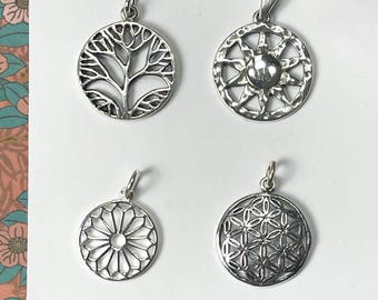 925 Silver Pendants | sunburst, flower of life, mandala, family tree | 925 sterling silver