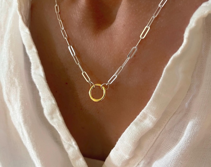 Mixed Metals Charm Clasp Necklace | Gold Vermeil & Sterling Silver Paperclip Chain