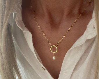 Gold Paperclip Pearl Necklace | charm collector clasp | 14k gold filled + vermeil