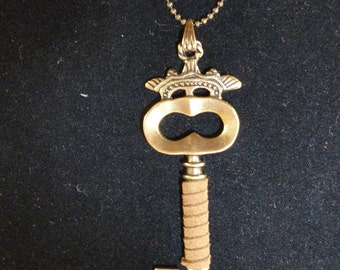 Leather Wrapped Key Pendant on Long Chain