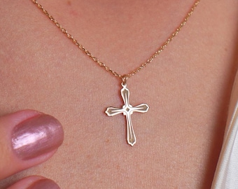 Classic Cross Necklace in 14K Solid Gold, Elegant Religious Jewelry, Faith-Inspired Gift, Everyday Christian Pendant, Christmas Gift