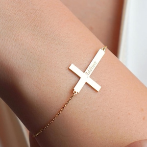 Personalized Cross Bracelet, Custom Engraved Cross Jewelry, Gold Faith Jewelry, Christian Gift, Dainty Religious Bracelet, Baptism Gift