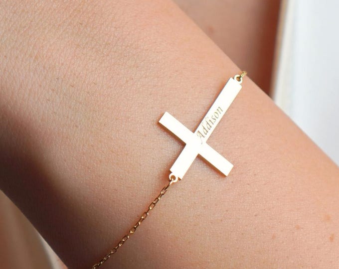 Personalized Cross Bracelet, Custom Engraved Cross Jewelry, Gold Faith Jewelry, Christian Gift, Dainty Religious Bracelet, Baptism Gift