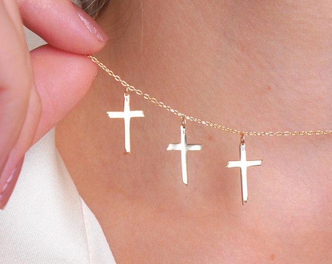 Triple Cross Necklace in 14K Solid Gold, Layered Religious Jewelry, Faith-Inspired Gift, Minimalist Christian Necklace, Baptism Gift