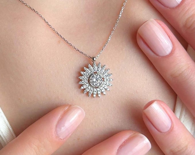 Sun Necklace for Women, Dainty Silver Pendant Gift for Her, Celestial Jewelry, Sunburst Necklace, Birthday Present Wife Mom, Minimalist Gift