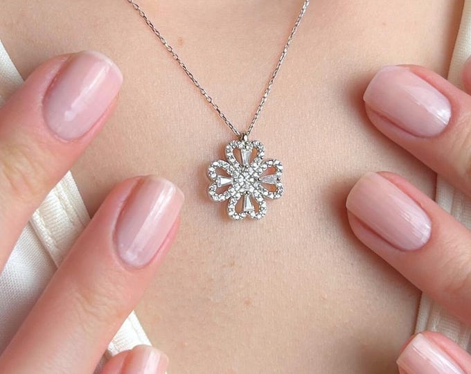 Clover Necklace Silver, Four Leaf Lucky Pendant Gift for Her, Dainty Sparkling Charm, Elegant Jewelry Women, Birthday Gift, Luck Necklace