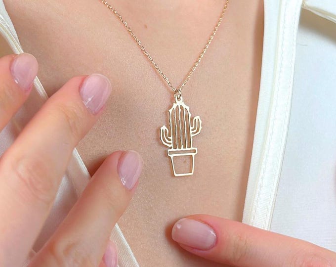 Gold Cactus Necklace, Succulent Plant Pendant, Minimalist Nature Jewelry, Boho Chic Charm, Dainty Gold Necklace, Gift for Her