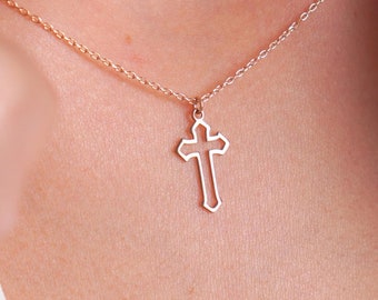 Small Cross Necklace 14K Gold Dainty Religious Pendant, Everyday Faith Jewelry, Simple Christian Gift for Her & Christmas