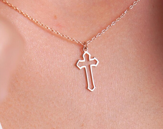 Small Cross Necklace 14K Gold Dainty Religious Pendant, Everyday Faith Jewelry, Simple Christian Gift for Her & Christmas
