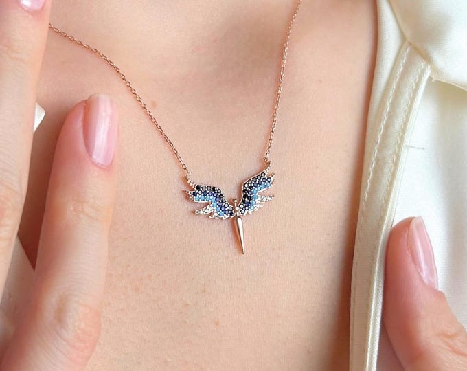 Blue Wing Necklace Gold, Dainty Angel Pendant Gift for Her, Freedom Jewelry Women, Birthday Gift, Wing Charm, Spiritual Necklace