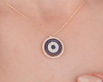 Evil Eye Necklace in 14k Solid Gold, 360 Degree Rotating Luck Pendant, Evil Eye Charm, Sparkling Jewelry, Christmas Gift, Gift for Her