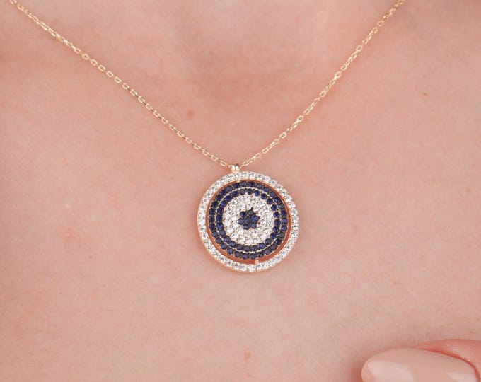 Evil Eye Necklace in 14k Solid Gold, 360 Degree Rotating Luck Pendant, Evil Eye Charm, Sparkling Jewelry, Christmas Gift, Gift for Her