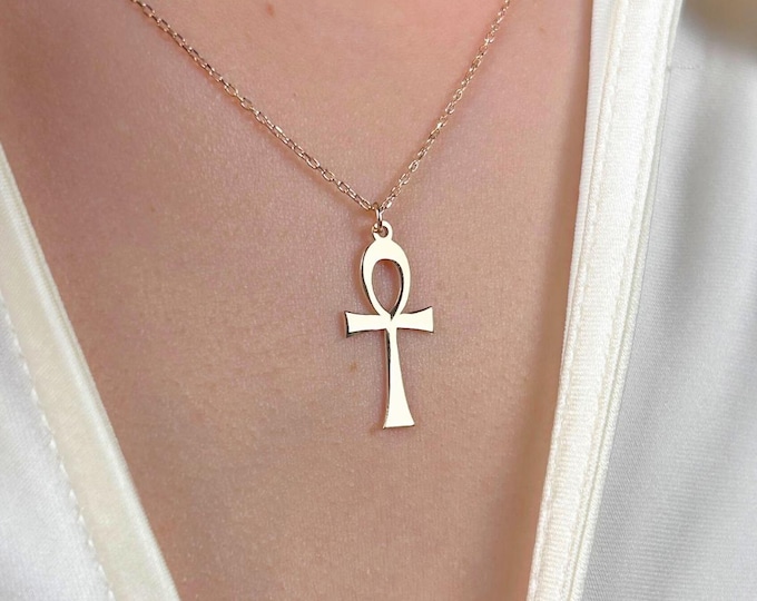 Gold Ankh Necklace, Egyptian Life Symbol Pendant, Ankh Cross Jewelry, Spiritual Protection Amulet, Dainty Necklace, Gift for Her