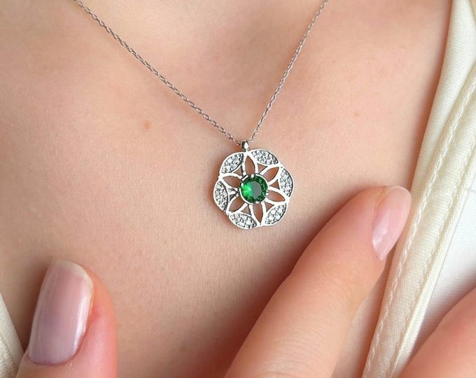 Emerald Necklace Dainty Silver Pendant Gift for Her Anniversary Birthday Jewelry for Wife Mom
