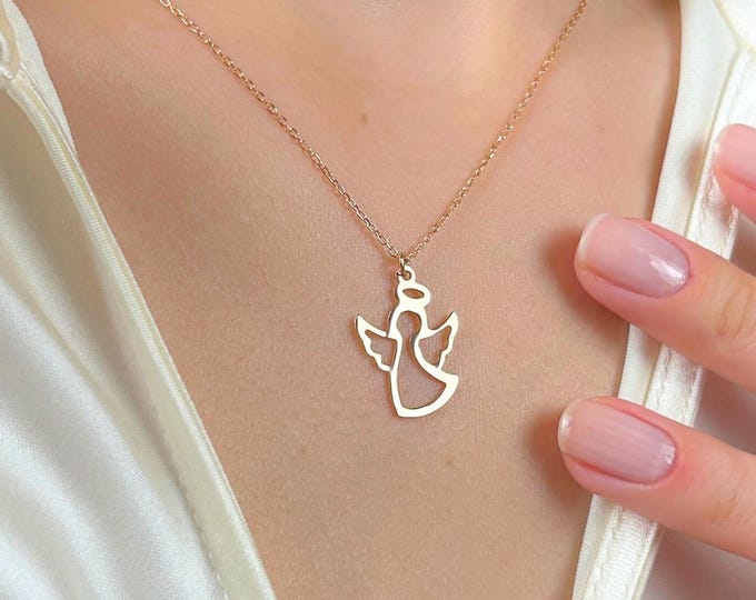Gold Angel Necklace, Dainty Guardian Angel Pendant, Spiritual Protection Jewelry, Faith Symbol Gift for Mother, Minimalist Charm Necklace