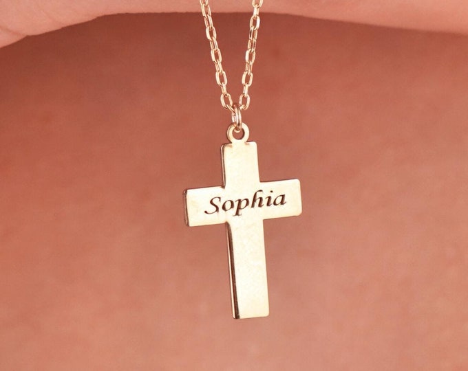 Custom Name Cross Necklace in 14K Gold, Personalized Religious Jewelry, Engraved Crucifix Pendant, Cross Jewelry, Christian Gift