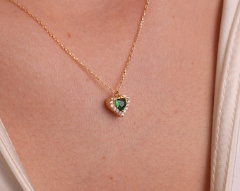 Emerald Heart Necklace with Green Gemstone and Zircon, Romantic Pendant Jewelry, Gift for Her, Anniversary Gift, Gold Necklace for Women