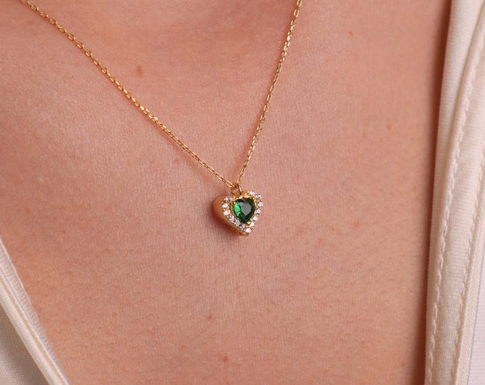 Emerald Heart Necklace with Green Gemstone and Zircon, Romantic Pendant Jewelry, Gift for Her, Anniversary Gift, Gold Necklace for Women