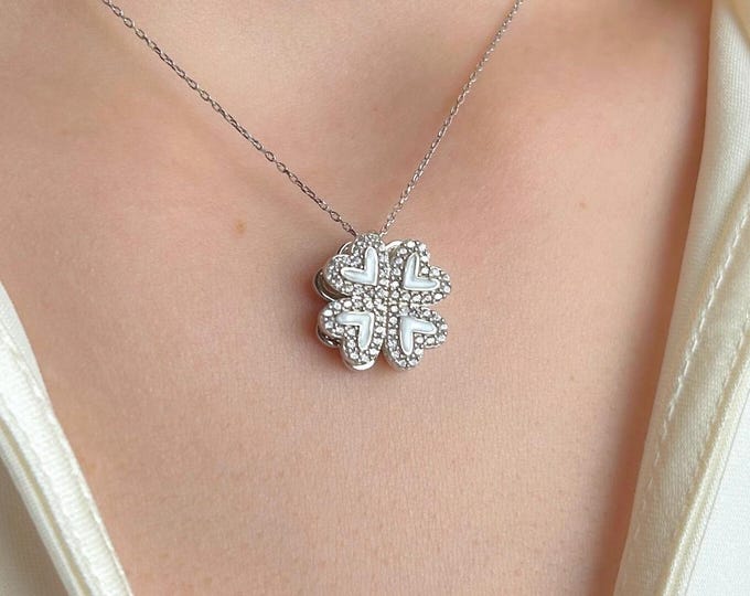 Four Leaf Clover Necklace, Silver Lucky Charm Gift for Her, Dainty Heart Clover Pendant, Birthday Gift Women, Elegant Luck Jewelry