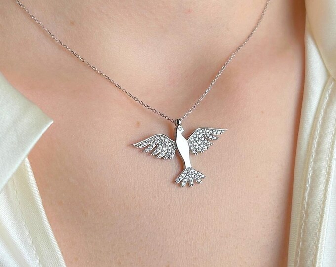 Bird Necklace Silver, Dove Pendant Jewelry, Gift for Her, Peace Symbol Necklace, Minimalist Bird Charm, Birthday Gift Women, Layering Chain