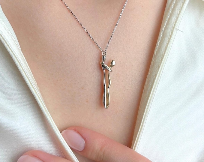 Abstract Woman Necklace Silver, Minimalist Feminine Pendant Gift for Her, Elegant Body Art Charm, Birthday Gift Women, Modern Jewelry