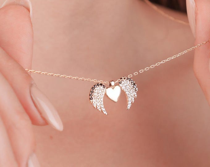 Angel Wing Heart Necklace, Gold Plated Pendant with Sparkling Stones, Unique Jewelry Gift for Women, Birthday or Anniversary Gift