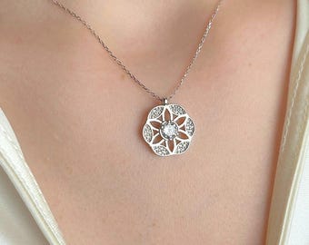Geometric Star Necklace, Dainty Silver Pendant Gift for Her, Mandala Jewelry, Minimalist Gift for Wife Mom, Anniversary Present