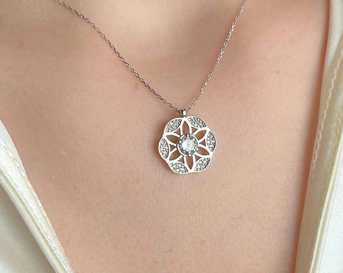 Geometric Star Necklace, Dainty Silver Pendant Gift for Her, Mandala Jewelry, Minimalist Gift for Wife Mom, Anniversary Present