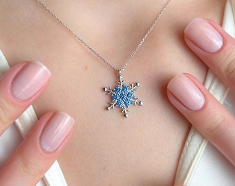 Blue Snowflake Necklace, Winter Pendant Gift for Her, Dainty Sparkling Charm, Christmas Jewelry Women, Birthday Gift, Elegant Snow Necklace