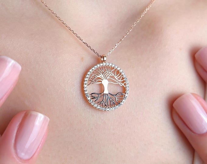 Tree of Life Necklace, Rose Gold Family Tree Pendant, Gift for Her, Meaningful Jewelry, Birthday Gift Women, Nature Jewelry, Roots Necklace