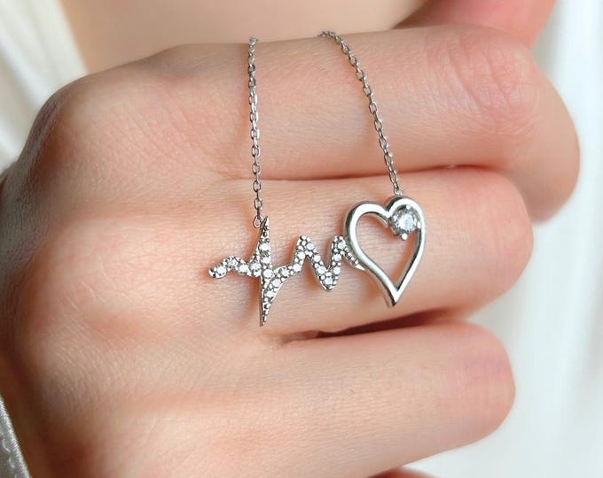 Heartbeat Necklace Silver, Love Jewelry Gift for Her, Love Pulse Pendant, Anniversary Gift Women, Heartbeat Charm Necklace