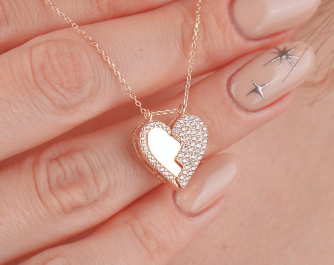 14k gold heart Necklace, Split Heart pendant, Two-Piece Love Pendant with CZ, Statement Necklace, Perfect Friendship Gift, Gift for Her