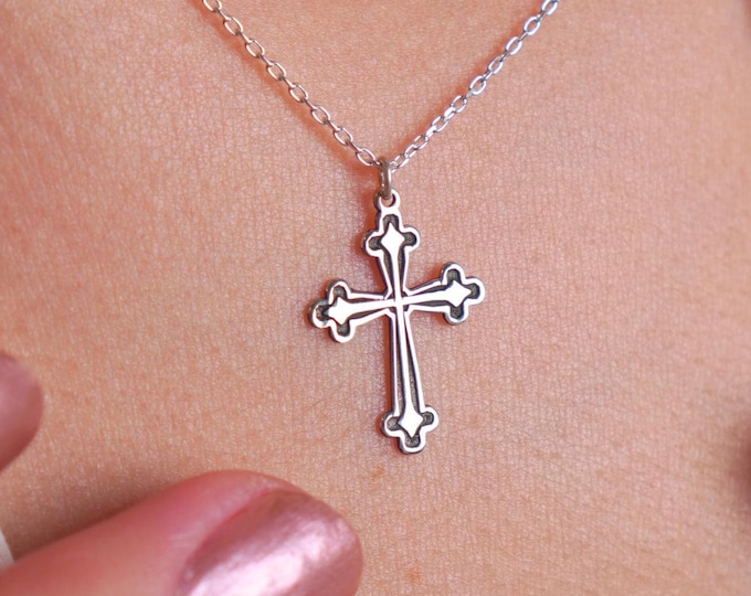 14K Gold Ornate Cross Pendant, Elegant Religious Pendant, Spiritual Faith Jewelry Gift for Her, Baptism & Christmas Present