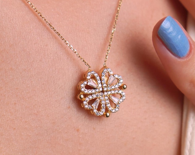 Gold Clover Necklace, 2 in 1 Convertible Pendant Flower & Heart Custom Jewelry, Gift for Women, Brides Present