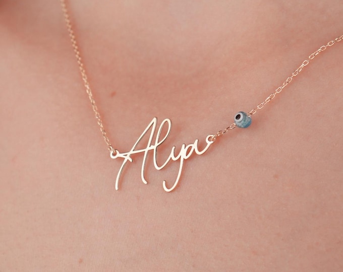 14k solid gold name necklace with evil eye bead, custom pendant, personalized necklace, 14k gold name pendant, gifts for her