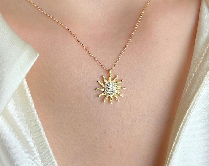 Sun Necklace Gold, 14K Gold Dainty Sunburst Pendant, Minimalist Jewelry, Gift for Her, Jewelry for Women, Everyday Necklace