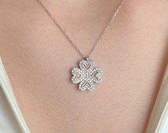 Clover Heart Necklace, Four Leaf Lucky Charm Pendant, Dainty Sparkling Gift for Her, Birthday Jewelry for Women, Elegant Love Necklace