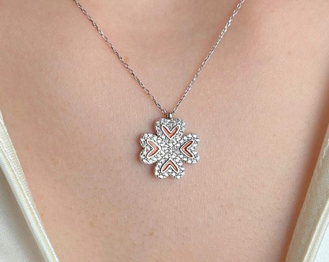 Clover Heart Necklace, Four Leaf Lucky Charm Pendant, Dainty Sparkling Gift for Her, Birthday Jewelry for Women, Elegant Love Necklace