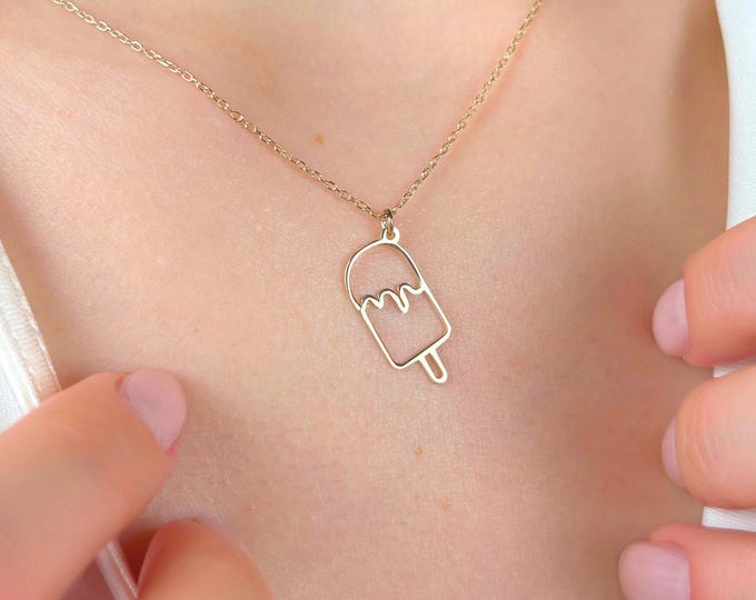 14k GoId Necklace, Trendy Necklace, Cute Popsicle Pendant, Fun Summer Jewelry, Dainty Gold Pendant, Playful Gift for Her
