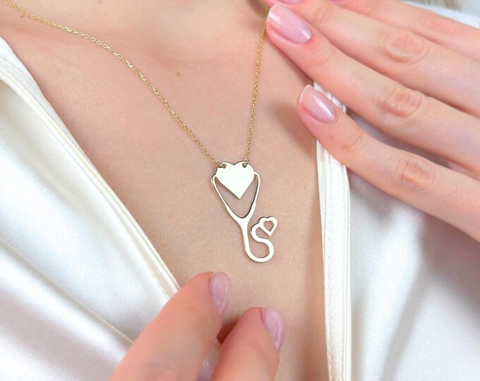 Gold Stethoscope Necklace, Medical Jewelry for Doctors & Nurses, Heart Stethoscope Pendant, Healthcare Worker Gift, Dainty Gold Necklace