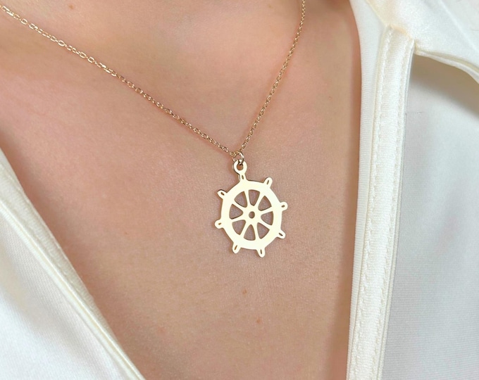 Ship Wheel Necklace, Nautical Steering Pendant, Minimalist Maritime Jewelry, Sailor Symbol Necklace, Ocean Lover Gift, Dainty Gold Charm