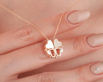 14K solid gold clover necklace, luck pendant, four leaf clover jewelry, gold heart necklace, gift for her, birthday gift, women necklaces