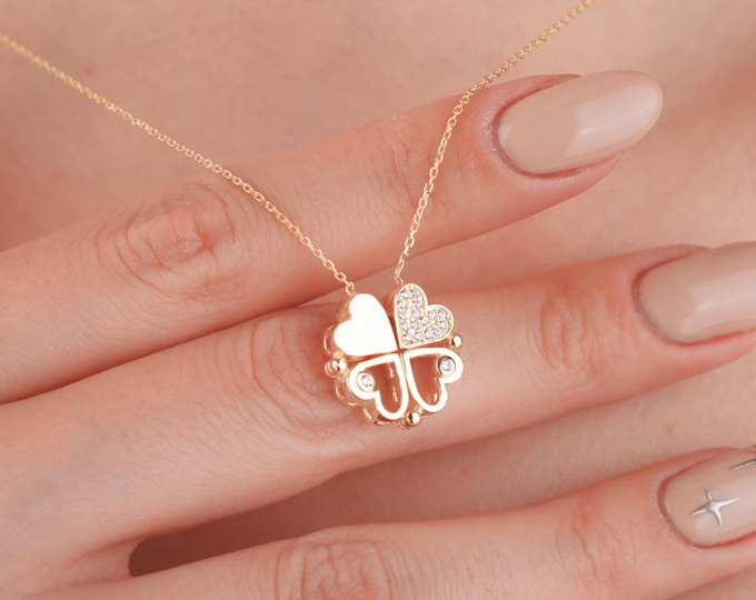 14K solid gold clover necklace, luck pendant, four leaf clover jewelry, gold heart necklace, gift for her, birthday gift, women necklaces