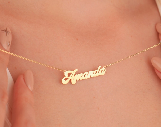 14K Gold Name Necklace, Custom Name Pendant, Minimalist Personalized Jewelry Gift for Her, Birthday Jewelry Gift